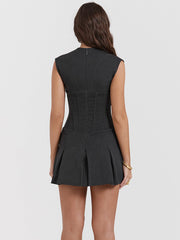 Plunge Neck Tailored Pleated Mini Dress