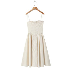 Spring European And American Women's Clothing Apricot Square Collar Three-dimensional Steel Ring Fitted Waist Pleated Dress