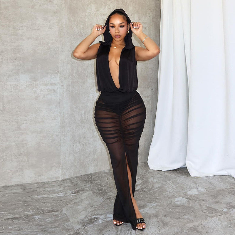 Jennifer Hoodie Bodysuit & Mesh V neckline Skirt SET