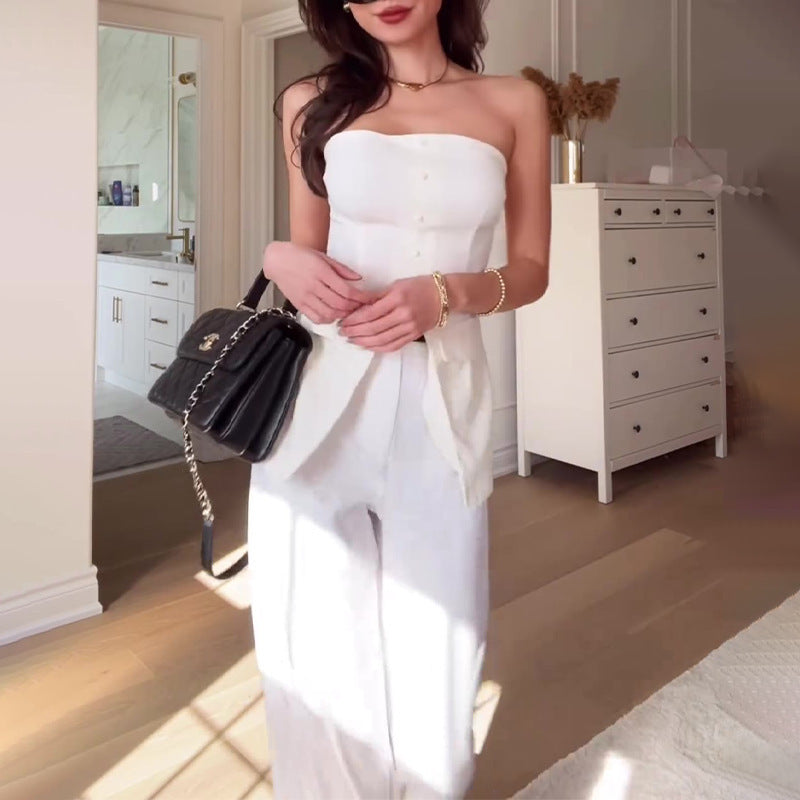 Off-neck Tube Top Split Top With High Waist Straight-leg Pants Hot Suit