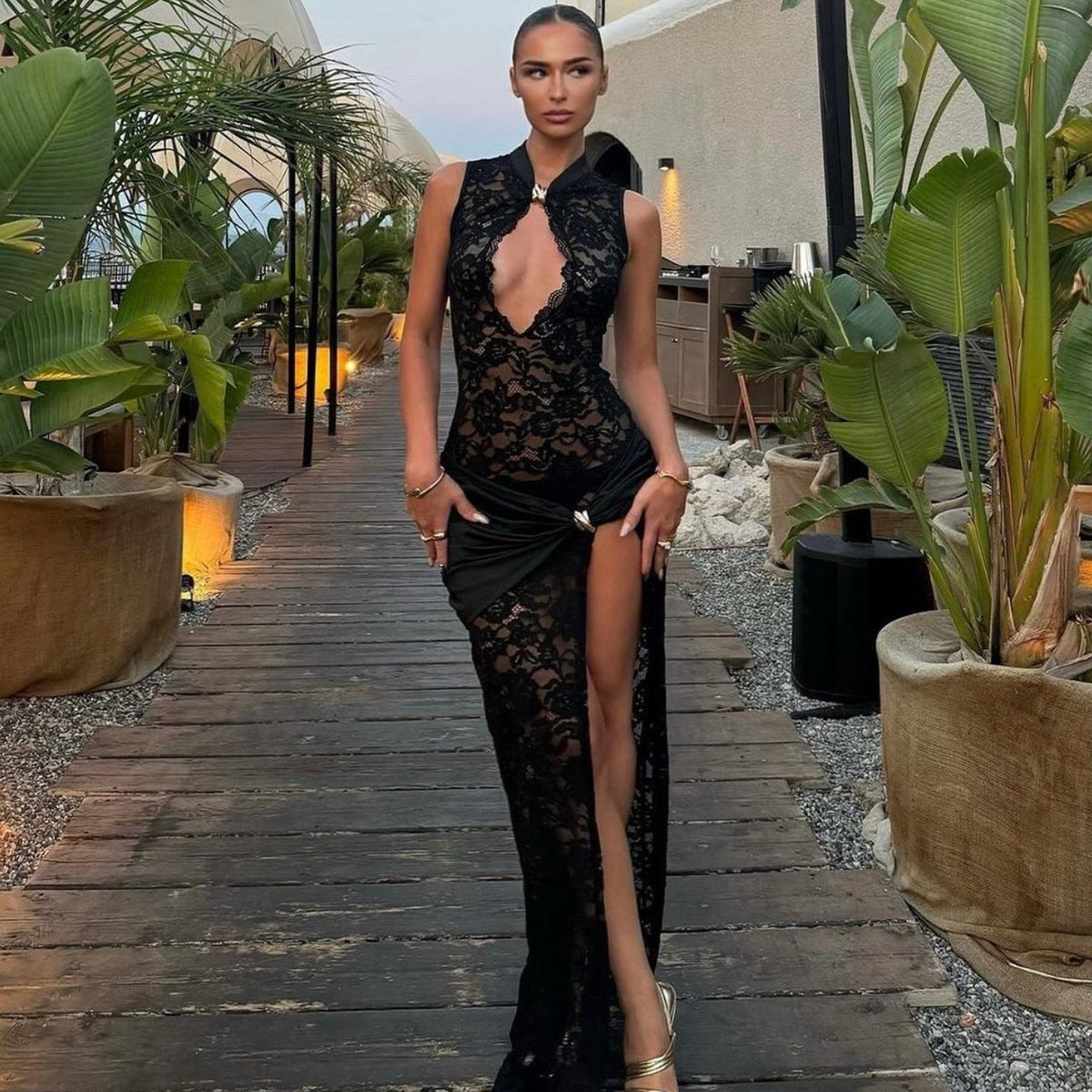Lace Hollow High Slit Slim Sleeveless Dress
