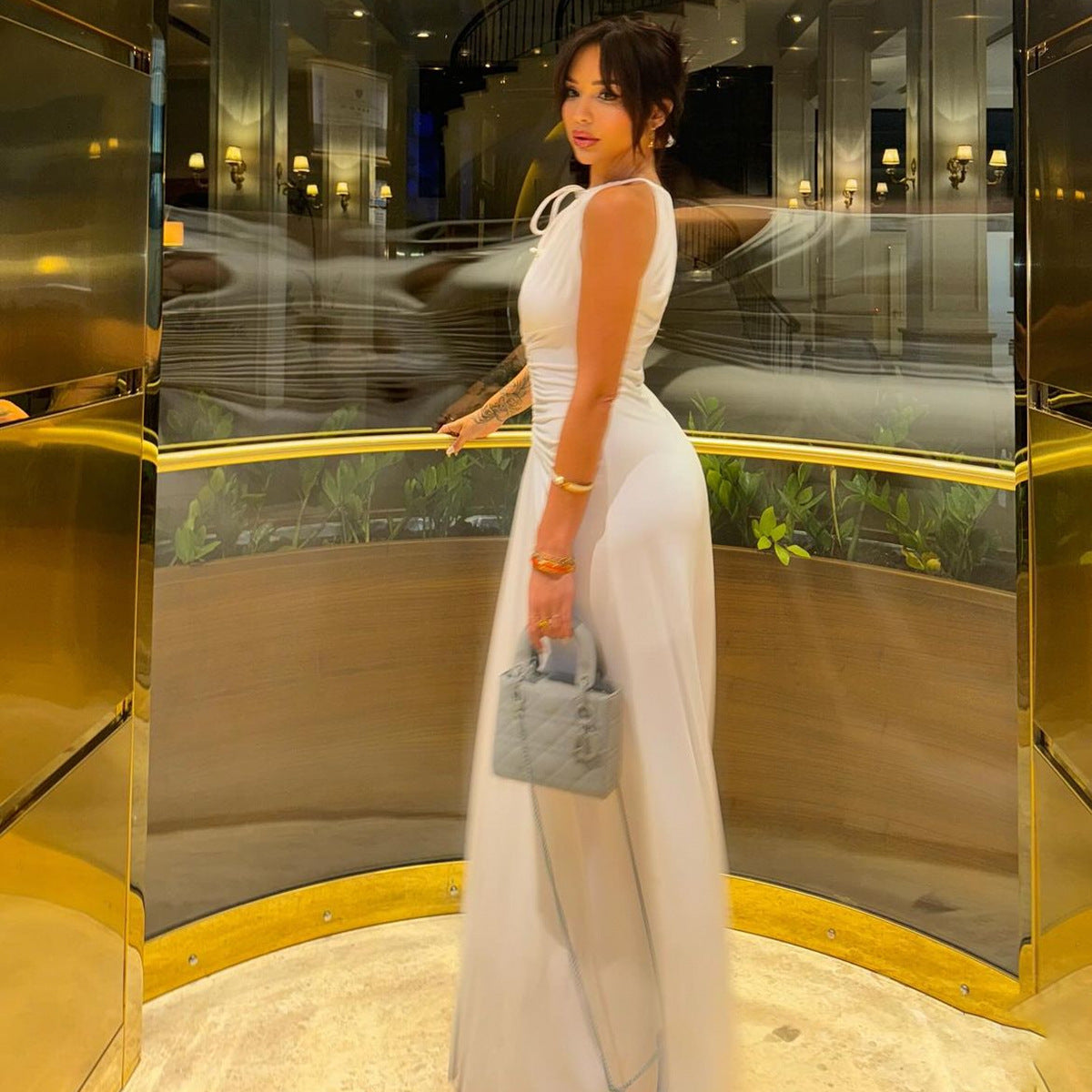 Sleeveless Halterneck Tie Pleated Evening Gown Dress