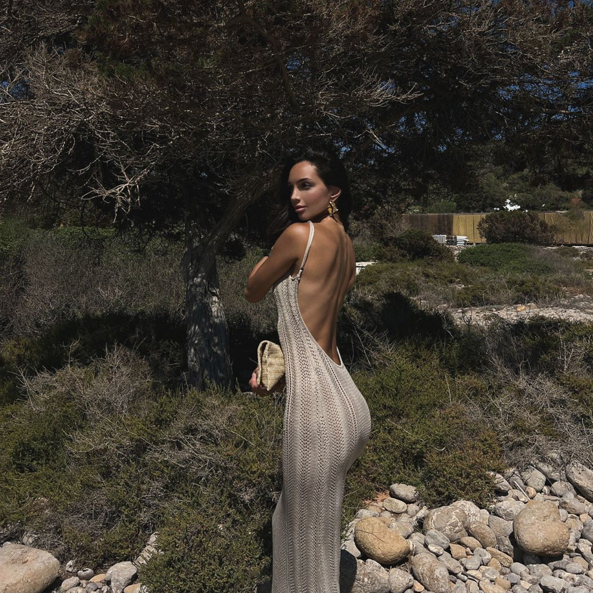 Backless Knitted Hollow Deep V Camisole Dress