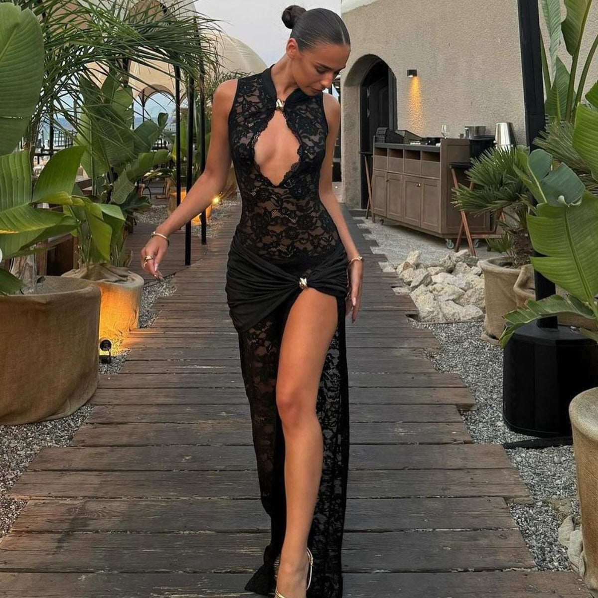 Lace Hollow High Slit Slim Sleeveless Dress