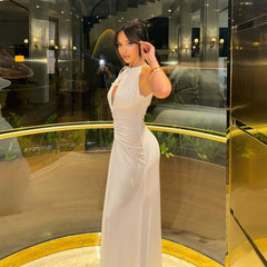 Sleeveless Halterneck Tie Pleated Evening Gown Dress