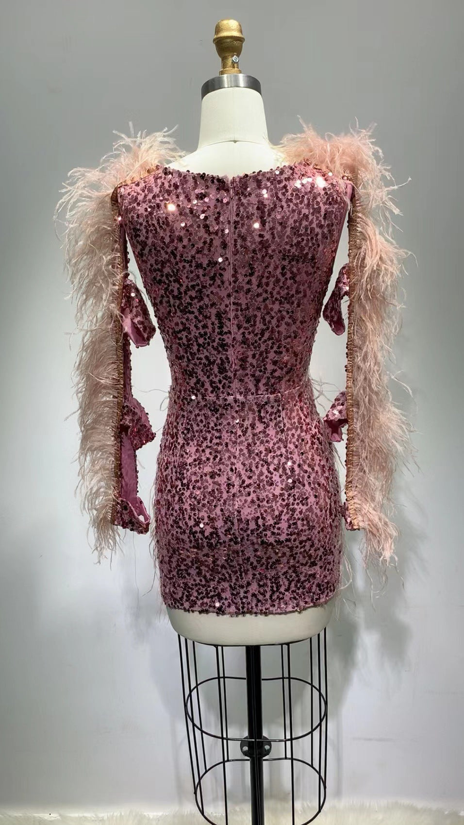 Autumn Slimming Long Sleeves Sequined Low-cut Tight-fitting High-end Feather Dress