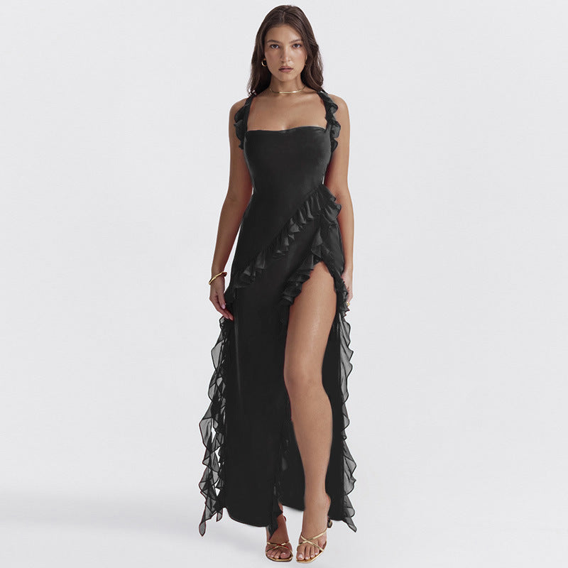 Lumière Noire" High Slit Ribbon Dress