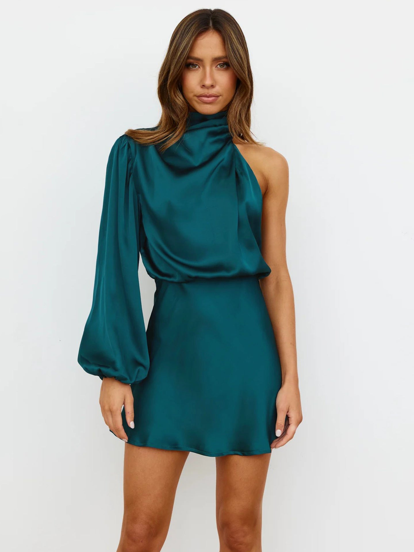 Verona-Satin Draped Shoulder High Neck Bodycon Dress