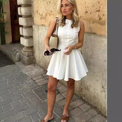 European And American Personality Fashion Casual Round Neck Sleeveless Short White Dress