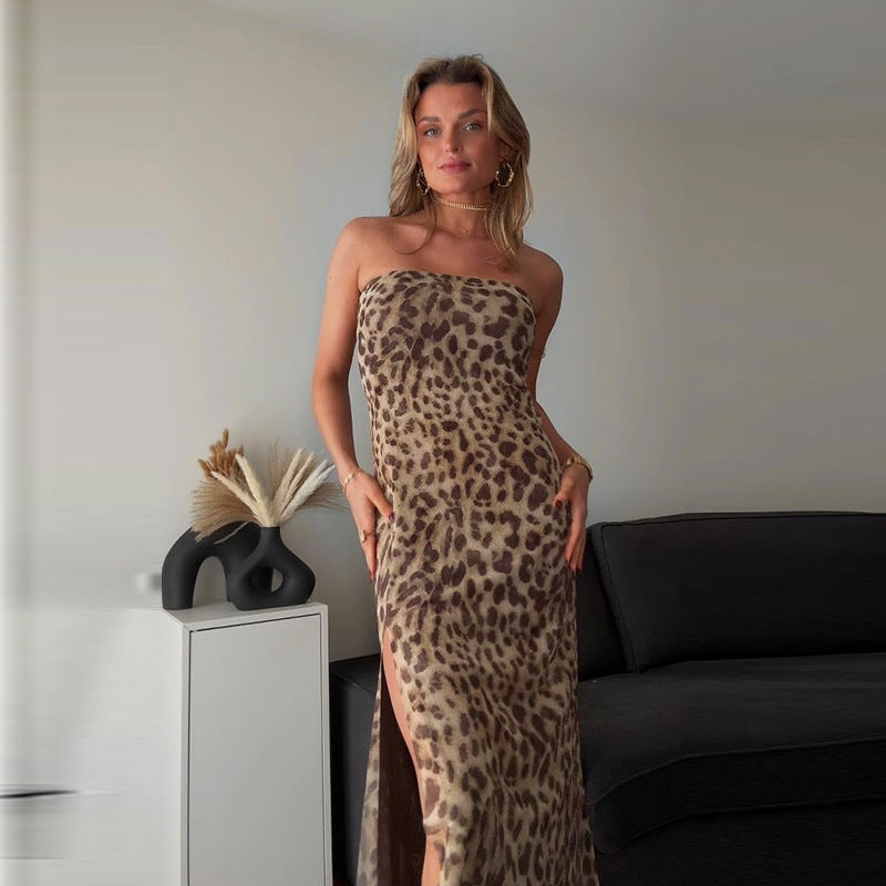 Leopard Print Tube Top Off-neck Side Split Dress