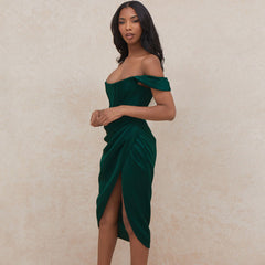 Emerald - Off the shoulder Corset Cocktail Midi Dress- Green