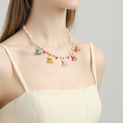 18K Bears Pearl Enamel Necklace