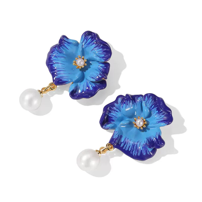 18k Blue Enamel Pearl Stud Earrings