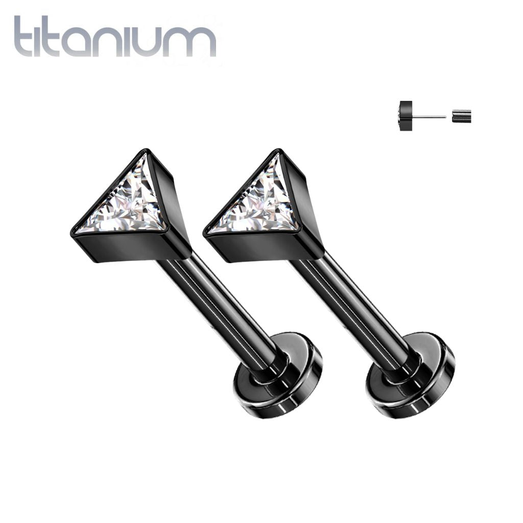 Pair of Implant Grade Titanium Black PVD White CZ Triangle Threadless Push In Earrings With Flat Back