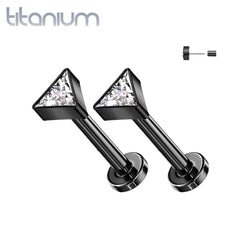 Pair of Implant Grade Titanium Black PVD White CZ Triangle Threadless Push In Earrings With Flat Back