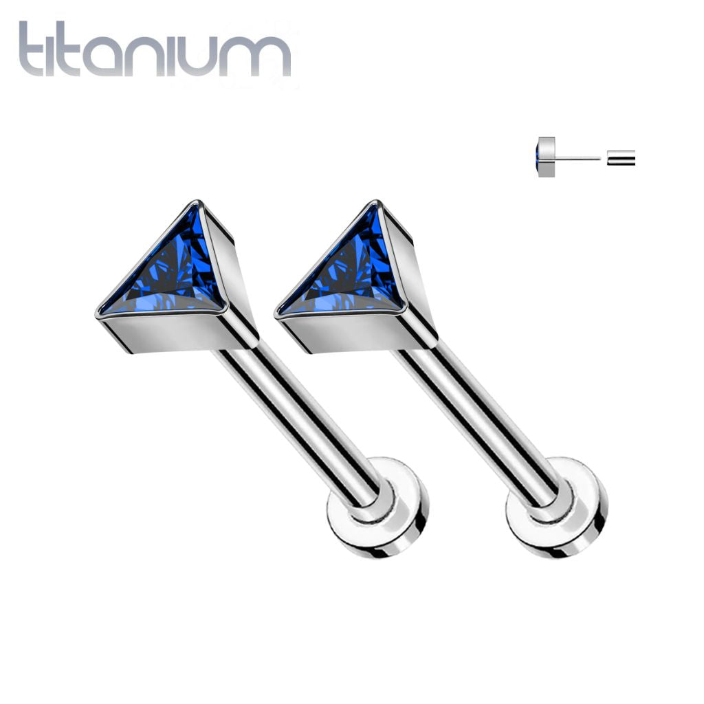 Pair of Implant Grade Titanium Royal Blue CZ Triangle Threadless Push In Earrings With Flat Back