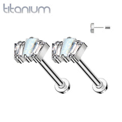 Pair of Implant Grade Titanium Triple Baguette White Opal CZ Threadless Push In Earrings With Flat Back