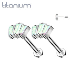 Pair of Implant Grade Titanium Triple Baguette AB CZ Threadless Push In Earrings With Flat Back