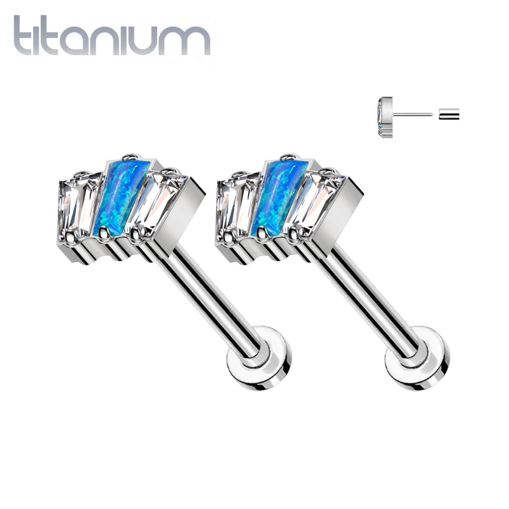 Pair of Implant Grade Titanium Triple Baguette Blue Opal White CZ Threadless Push In Earrings With Flat Back