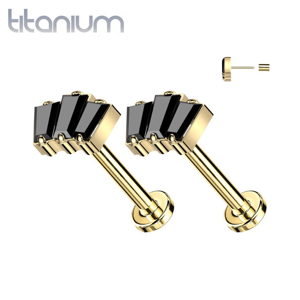 Pair of Implant Grade Titanium Gold PVD Triple Baguette Black CZ Threadless Push In Earrings With Flat Back