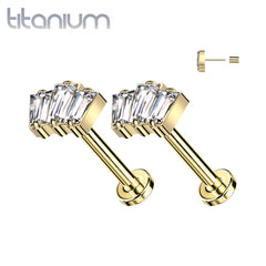 Pair of Implant Grade Titanium Gold PVD Triple Baguette White CZ Threadless Push In Earrings With Flat Back