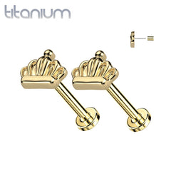 Pair of Implant Grade Titanium Gold PVD Large Crown Push In Earrings With Flat Back