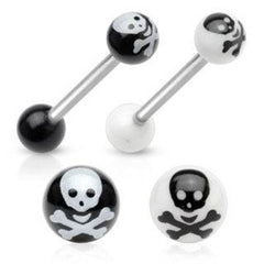14ga Surgical Steel Straight Barbell Tongue Ring with Crossbones Acrylic Ends