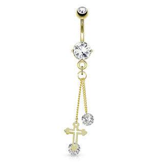 14kt Gold Plated Crucifix Cross with 2 String Dangle and Round CZ Gems