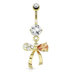 14kt Gold Plated Dangling White Clear CZ and Topaz Ribbon Belly Button Navel Ring
