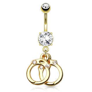 14kt Gold Plated over Surgical Steel Dangling Clear CZ Double Handcuffs Belly Button Navel Ring