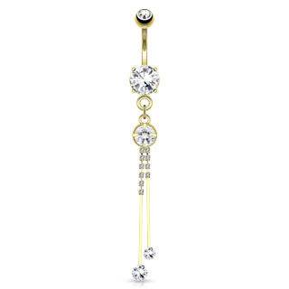 14kt Gold Plated over Surgical Steel Dangling Multi Paved String White CZ Belly Button Navel Ring