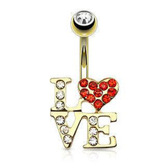 14kt Gold Plated over Surgical Steel Love Heart Paved CZ Belly Button Navel Ring