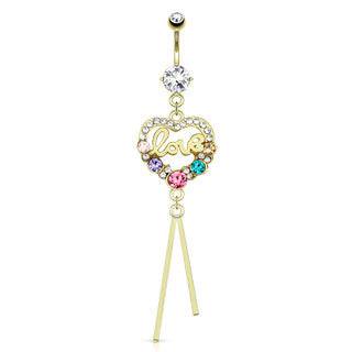 14kt Gold Plated over Surgical Steel "Love" Multi Color Heart With CZ Gems Belly Button Navel Ring
