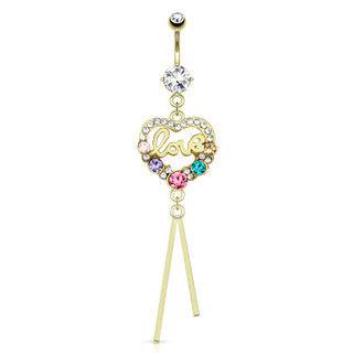 Bauchnabelpiercing "Love" aus chirurgischem Stahl, 14 Karat vergoldet, mehrfarbiges Herz mit Zirkonia-Edelsteinen