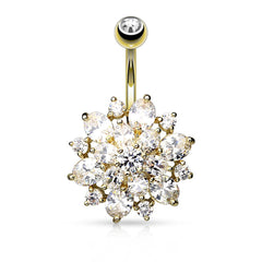 14kt Gold Plated Surgical Steel Multi CZ Crystal Flower Belly Button Navel Ring