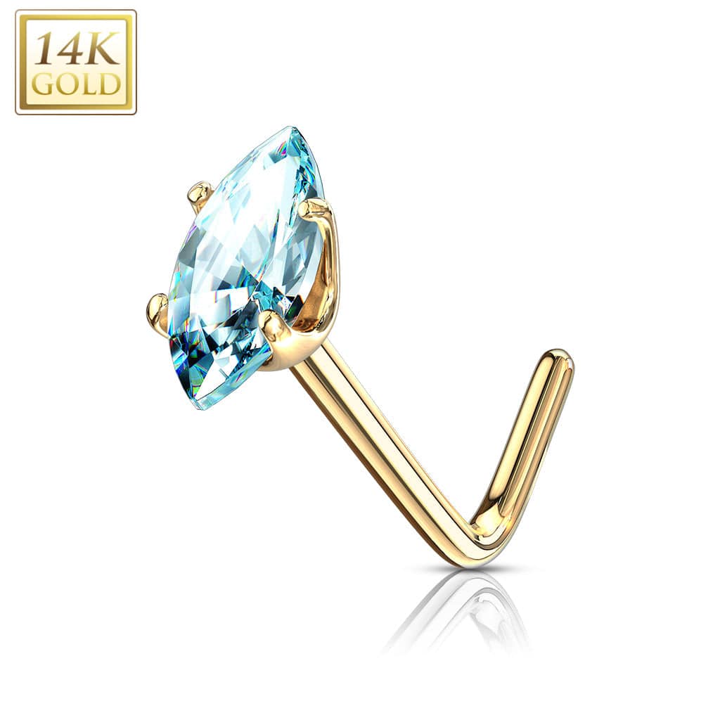 14KT Solid Gold L Shape Aqua Marquise CZ Nose Ring Stud