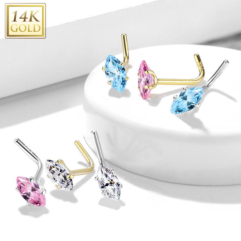 14KT Solid Gold L Shape Aqua Marquise CZ Nose Ring Stud