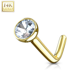 14KT Solid Gold L Shape Bent Bezel CZ Nose Ring Stud