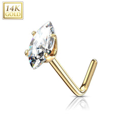 14KT Solid Gold L Shape White Marquise CZ Nose Ring Stud