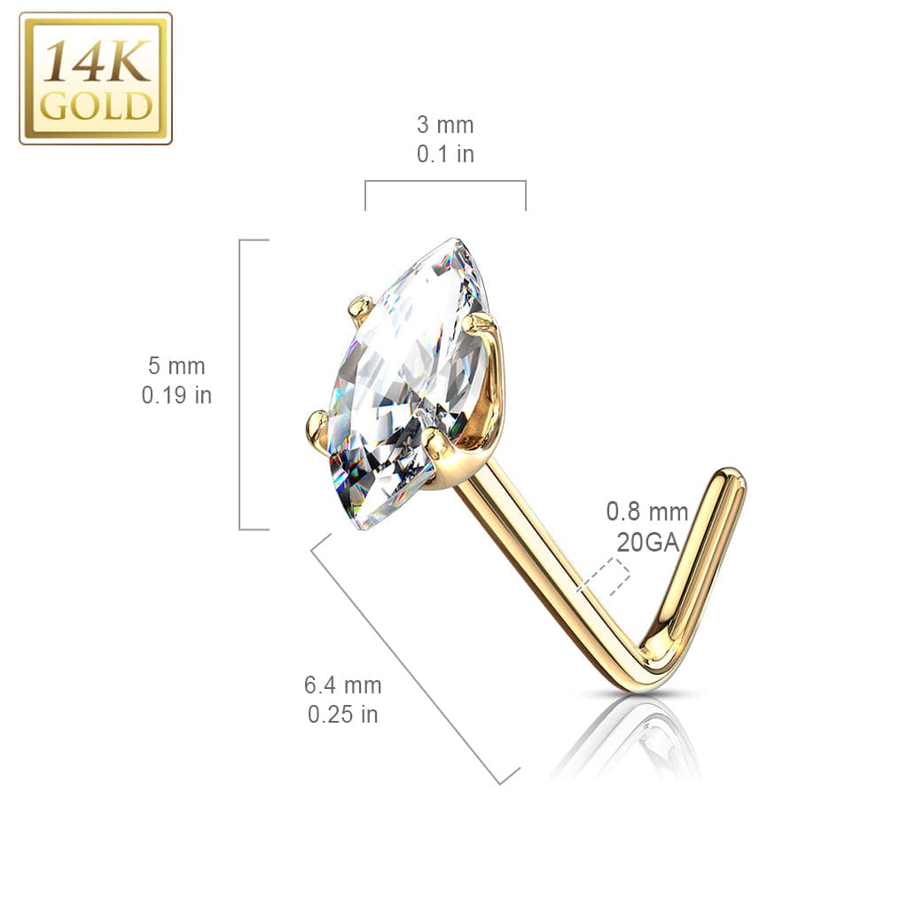 14KT Solid Gold L Shape White Marquise CZ Nose Ring Stud