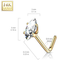 14KT Solid Gold L Shape White Marquise CZ Nose Ring Stud