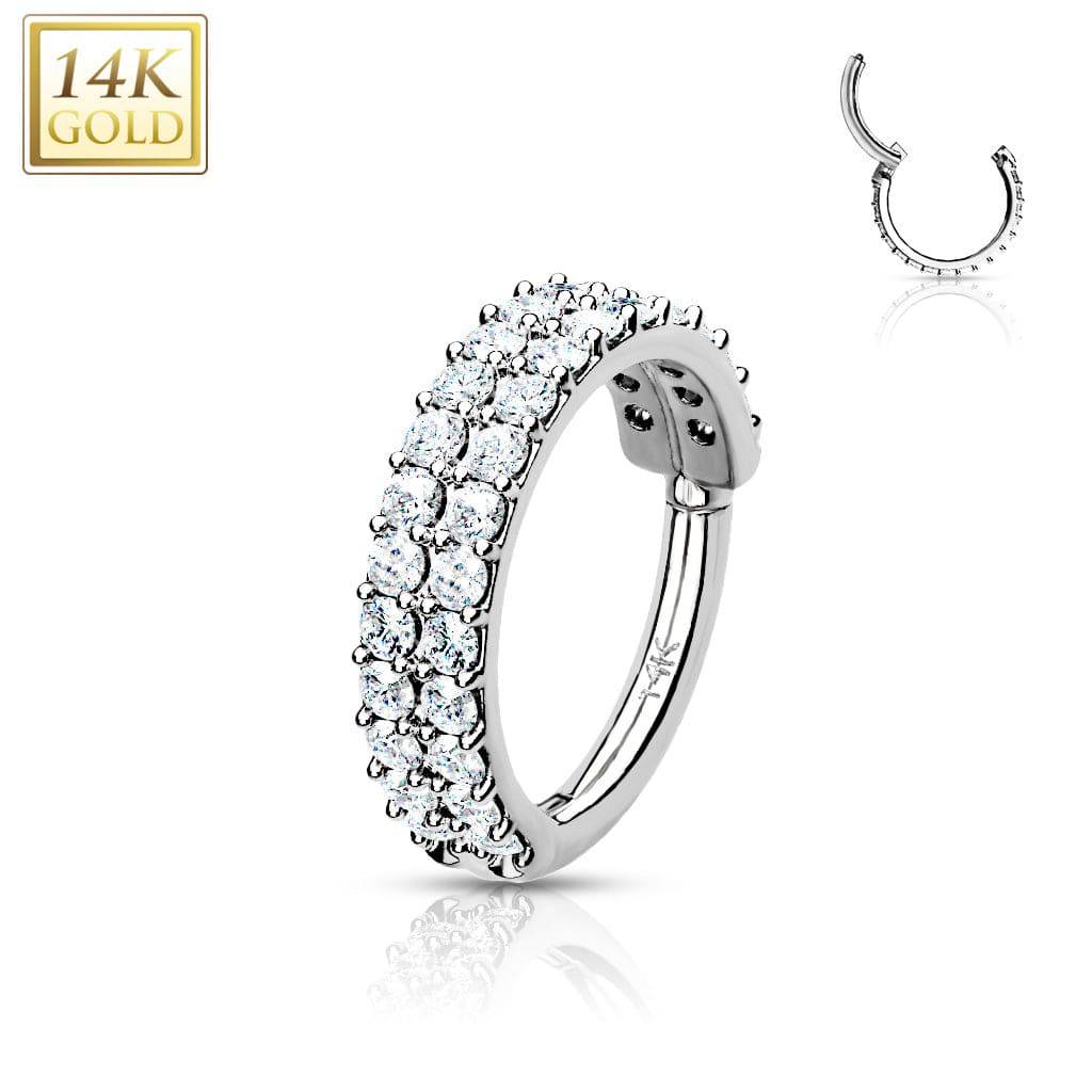 14KT Solid White Gold 2 Row White CZ Ear Cartilage Hinged Clicker Hoop