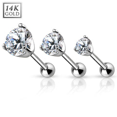 14KT Solid White Gold Ball Back White CZ Prong Cartilage Helix Stud