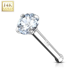 14KT Solid White Gold Ball End White CZ Prong Nose Pin Ring