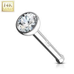 14KT Solid White Gold Bezel White 2mm CZ Nose Bone Ring Stud