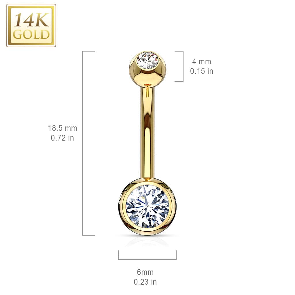 14KT Solid White Gold Double White Ball CZ Gem Belly Button Ring