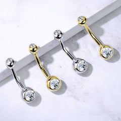 14KT Solid White Gold Double White Ball CZ Gem Belly Button Ring