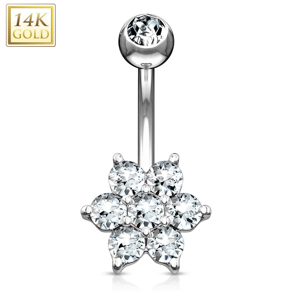 14KT Solid White Gold Flower White CZ Belly Ring