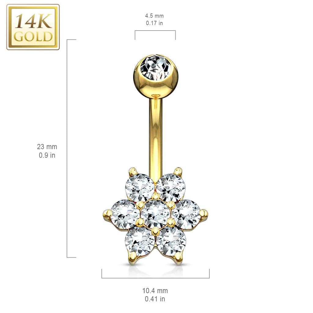 14KT Solid White Gold Flower White CZ Belly Ring