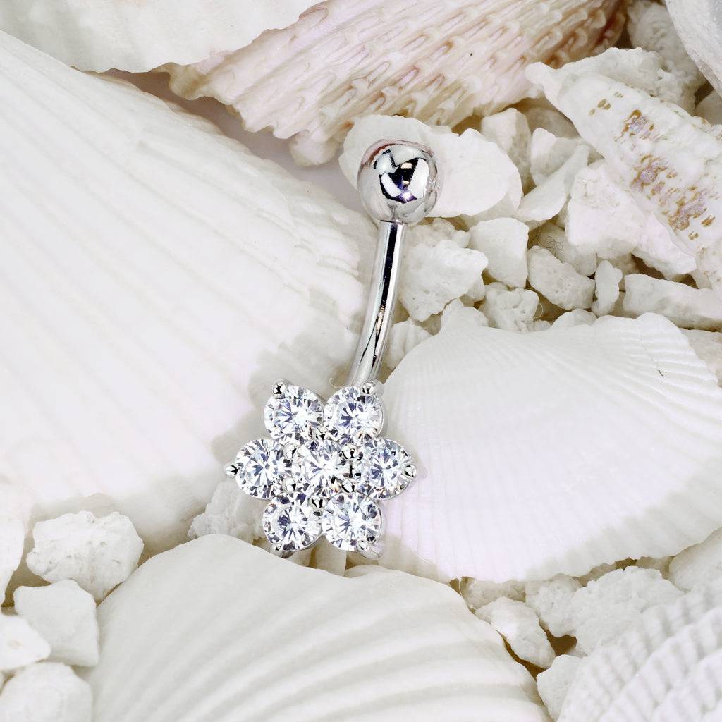 14KT Solid White Gold Flower White CZ Belly Ring